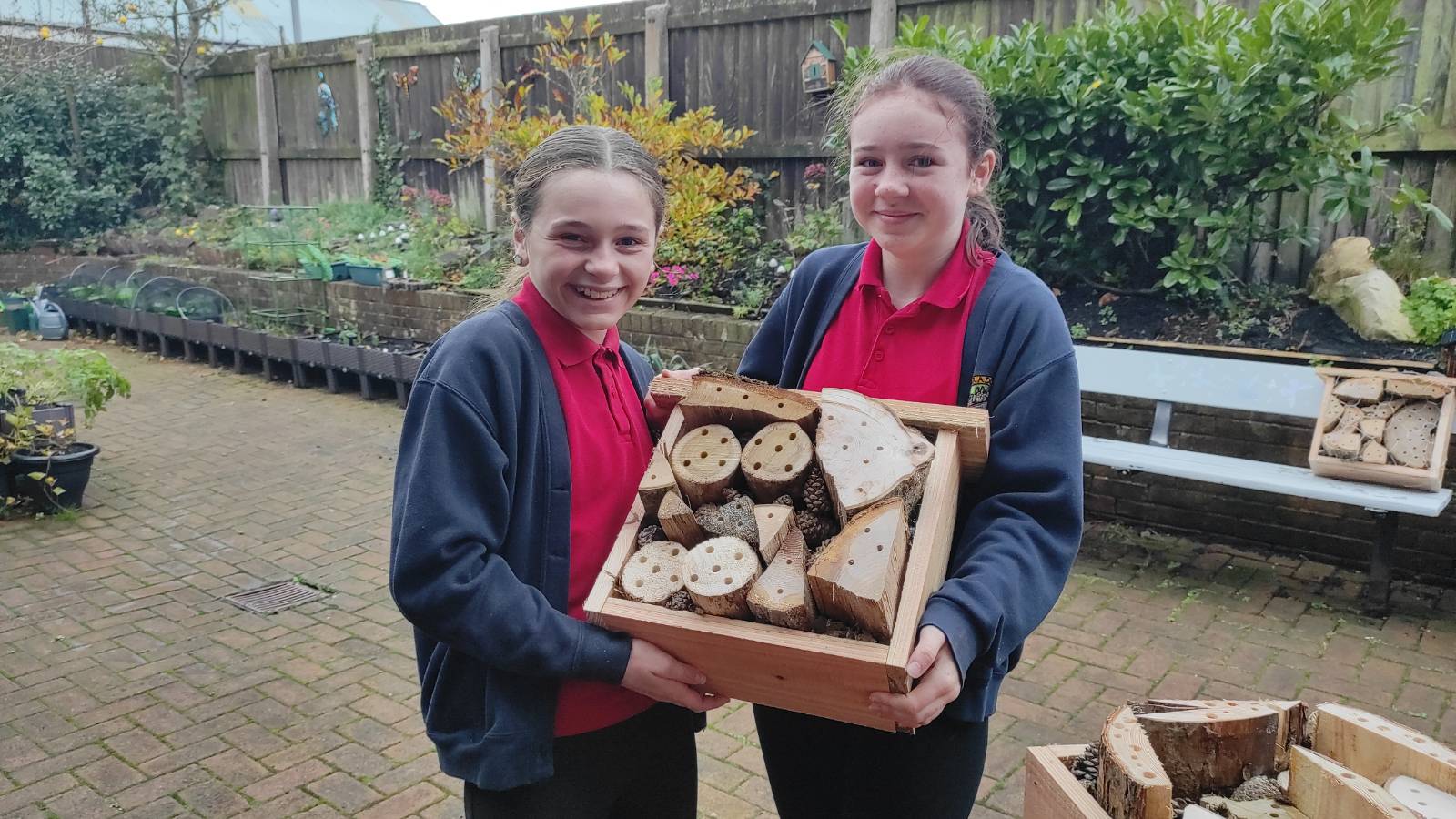 Students with their recently assembled bug hotel