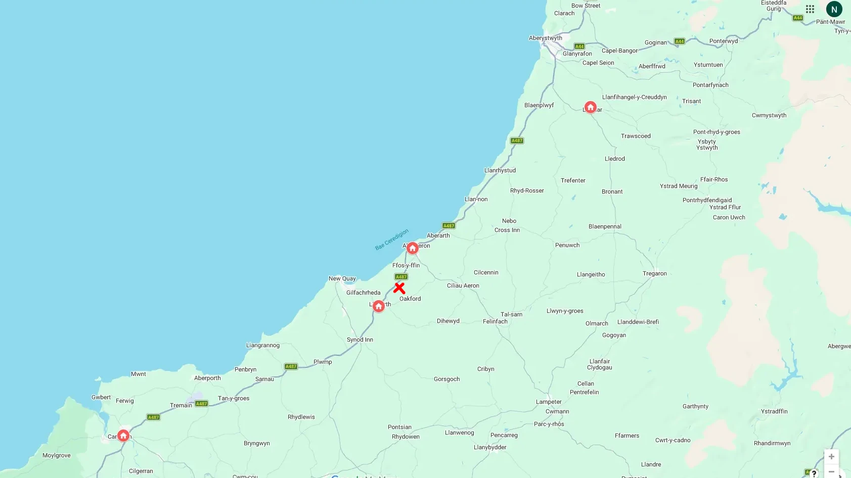 Map showing four schools and red cross which is location of Moody Meadows