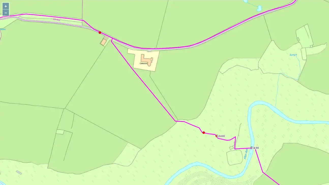 Screenshot of a footpath map, showing footpath along track, and footpath across river