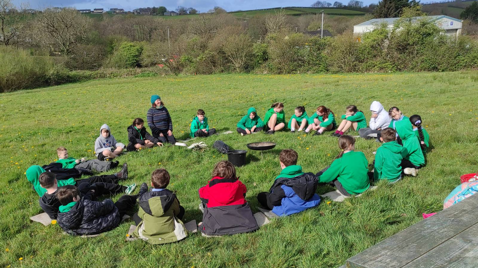 The workshop started with a seated circle around the fire bowl. The grass was damp and Jo brought a couple of dozen carpet sample mats. Inspired.