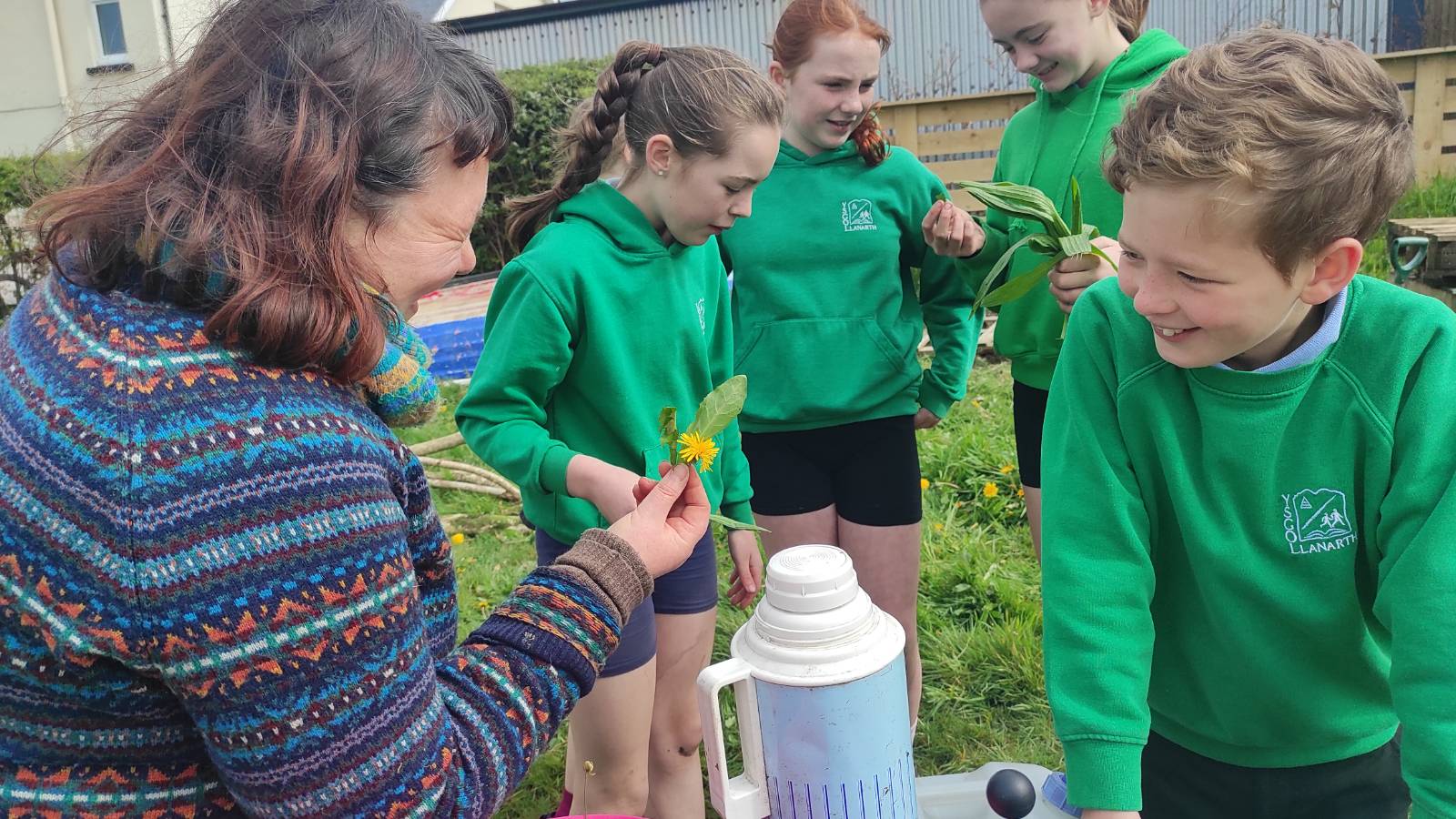 Jo talking about a Dandelion flower and leaf with a student.