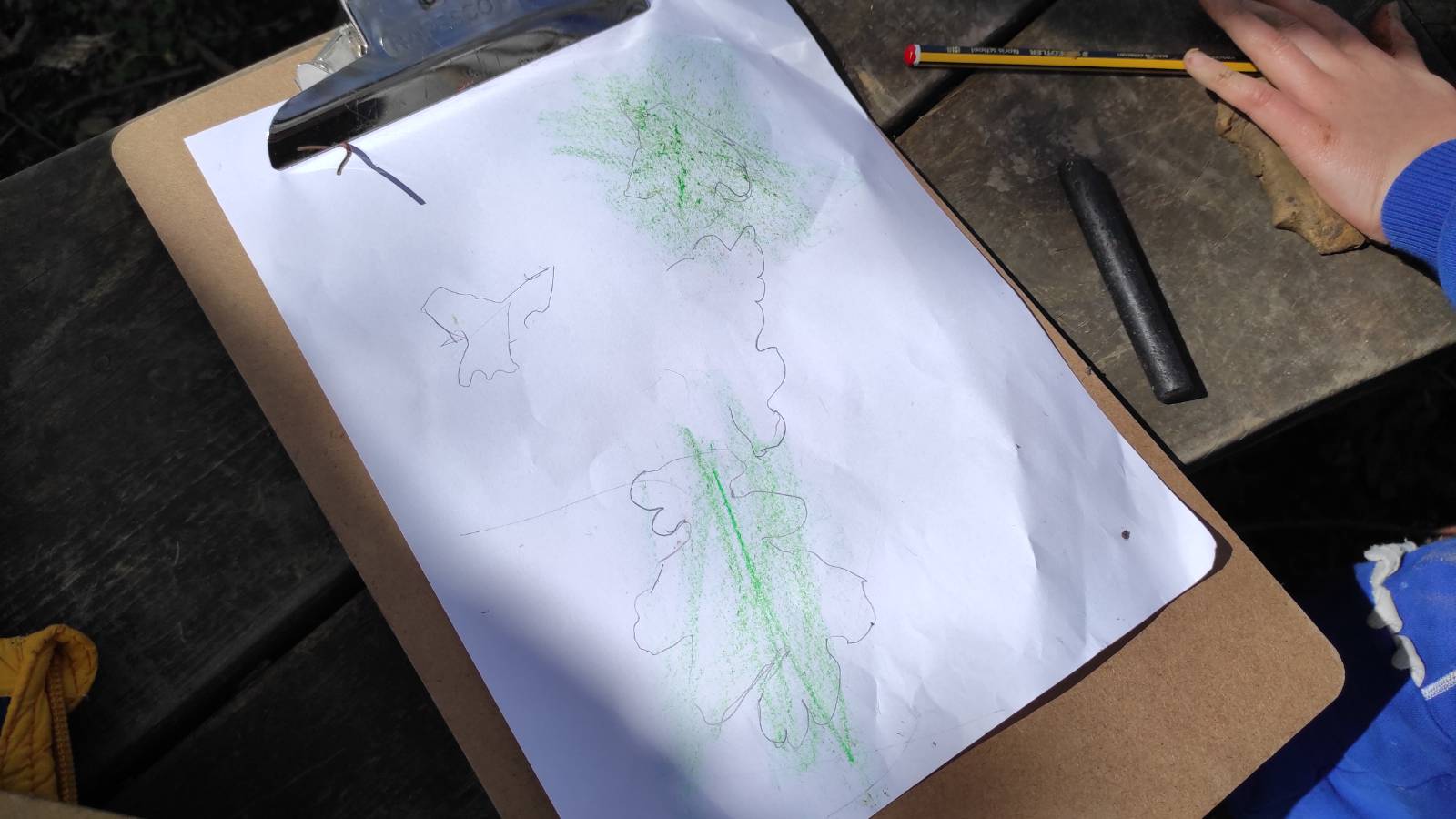 Pencil drawing and crayon rubbing.