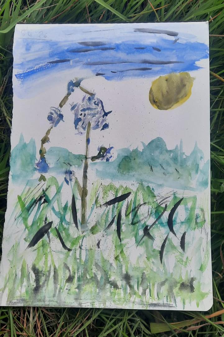 Gorgeous blues and greens in this painting of a Bluebell in situ