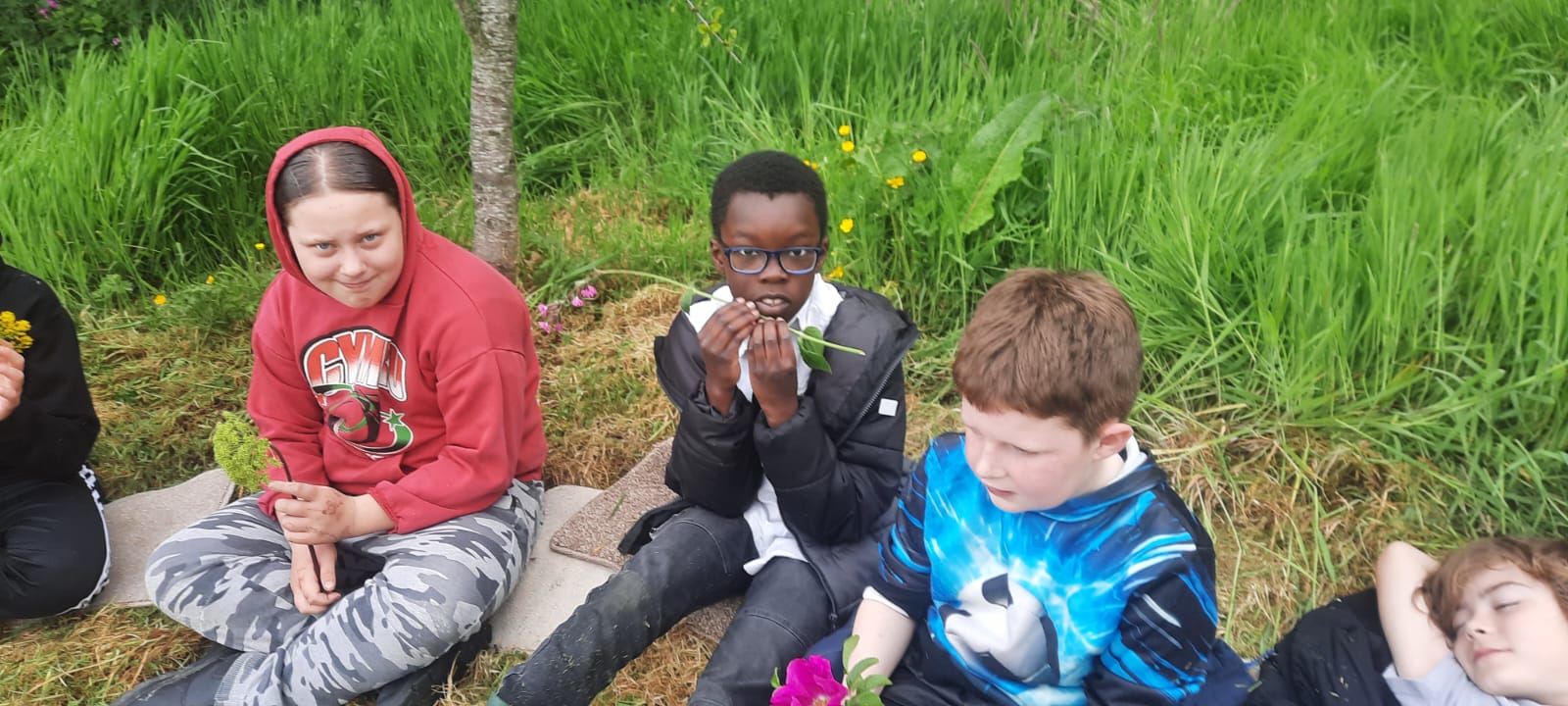 Students with flowers