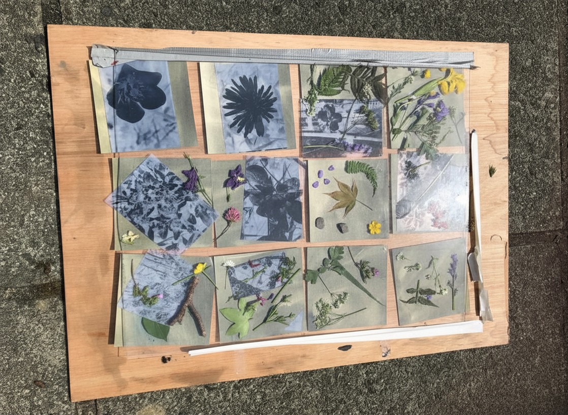 Board of vegetation on cyanotype paper, exposing the shapes