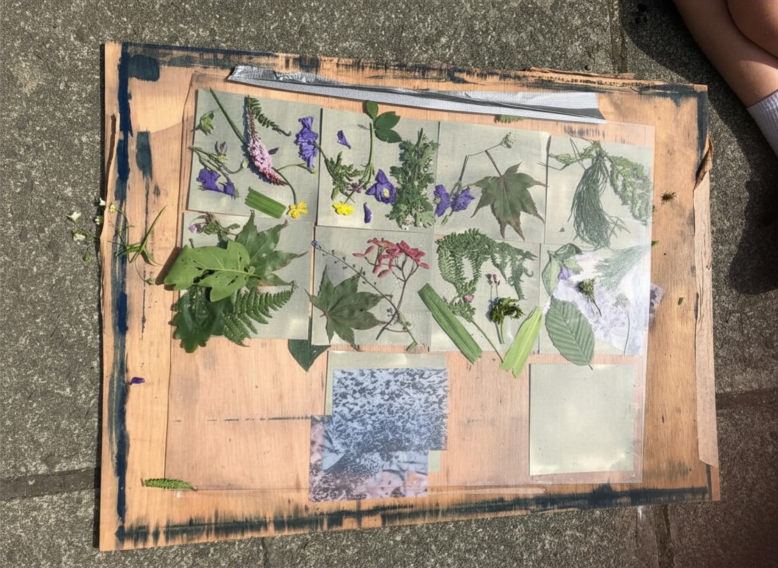 Exposing the cyanotype board in the sun