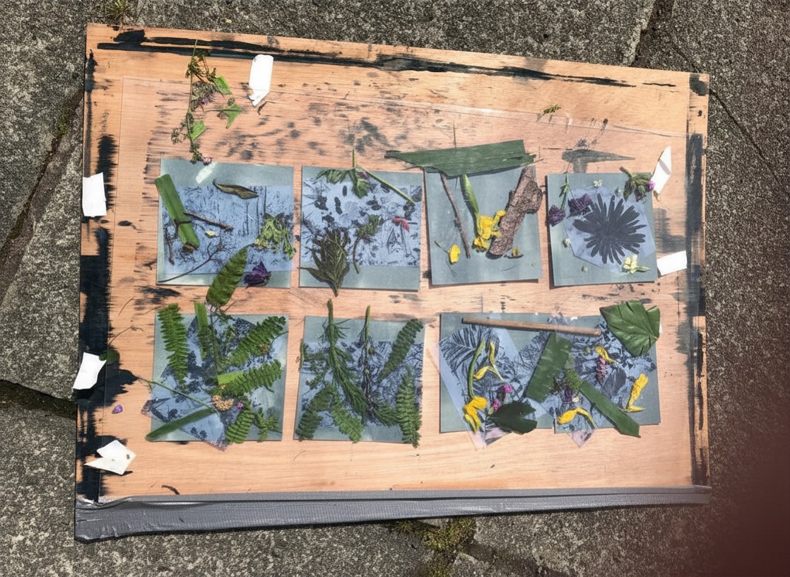 Board of vegetation on cyanotype paper, exposing the shapes