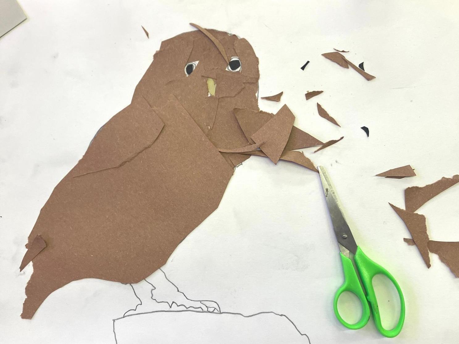 Collage of owl, with brown sugar paper