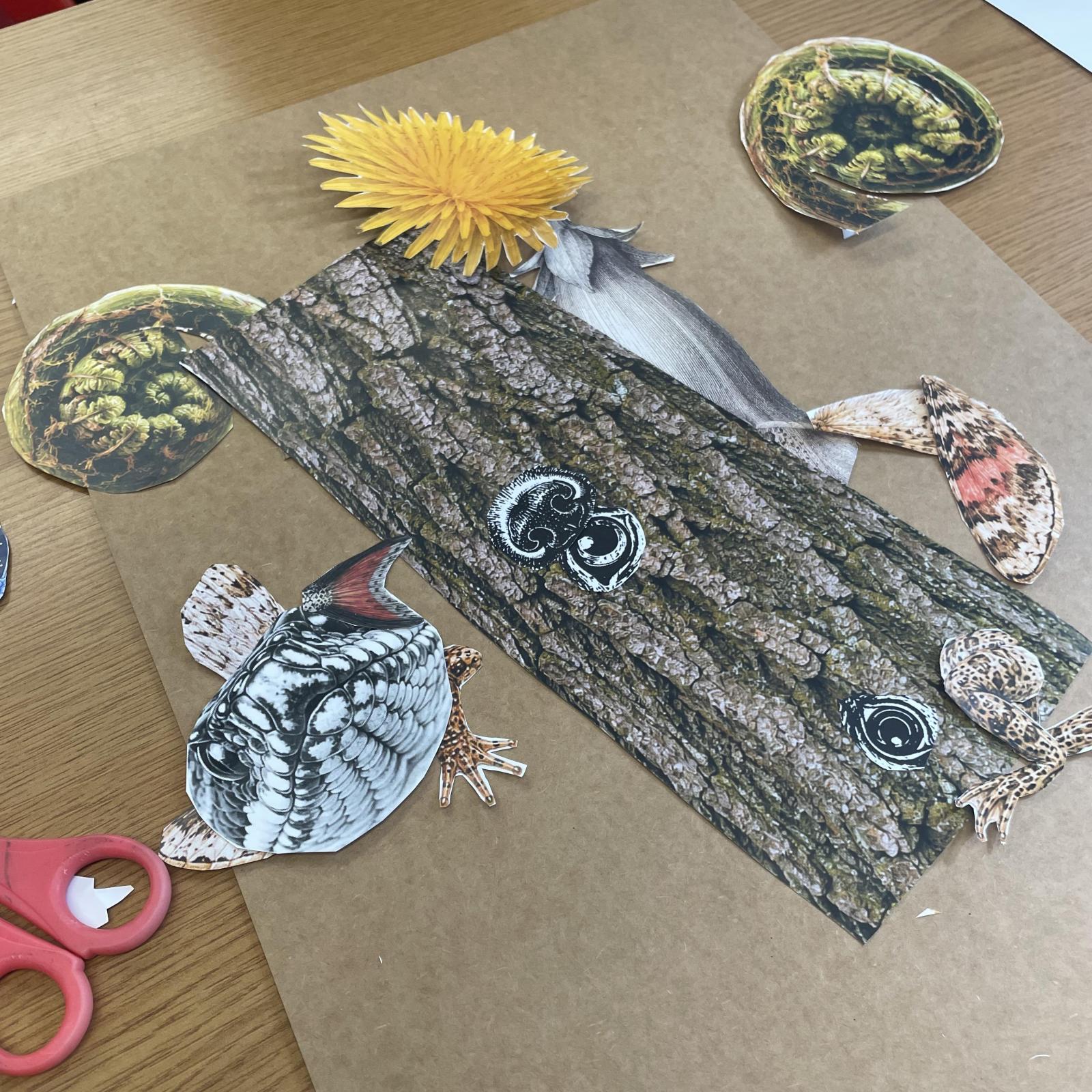Bark and fern and snake assembling
