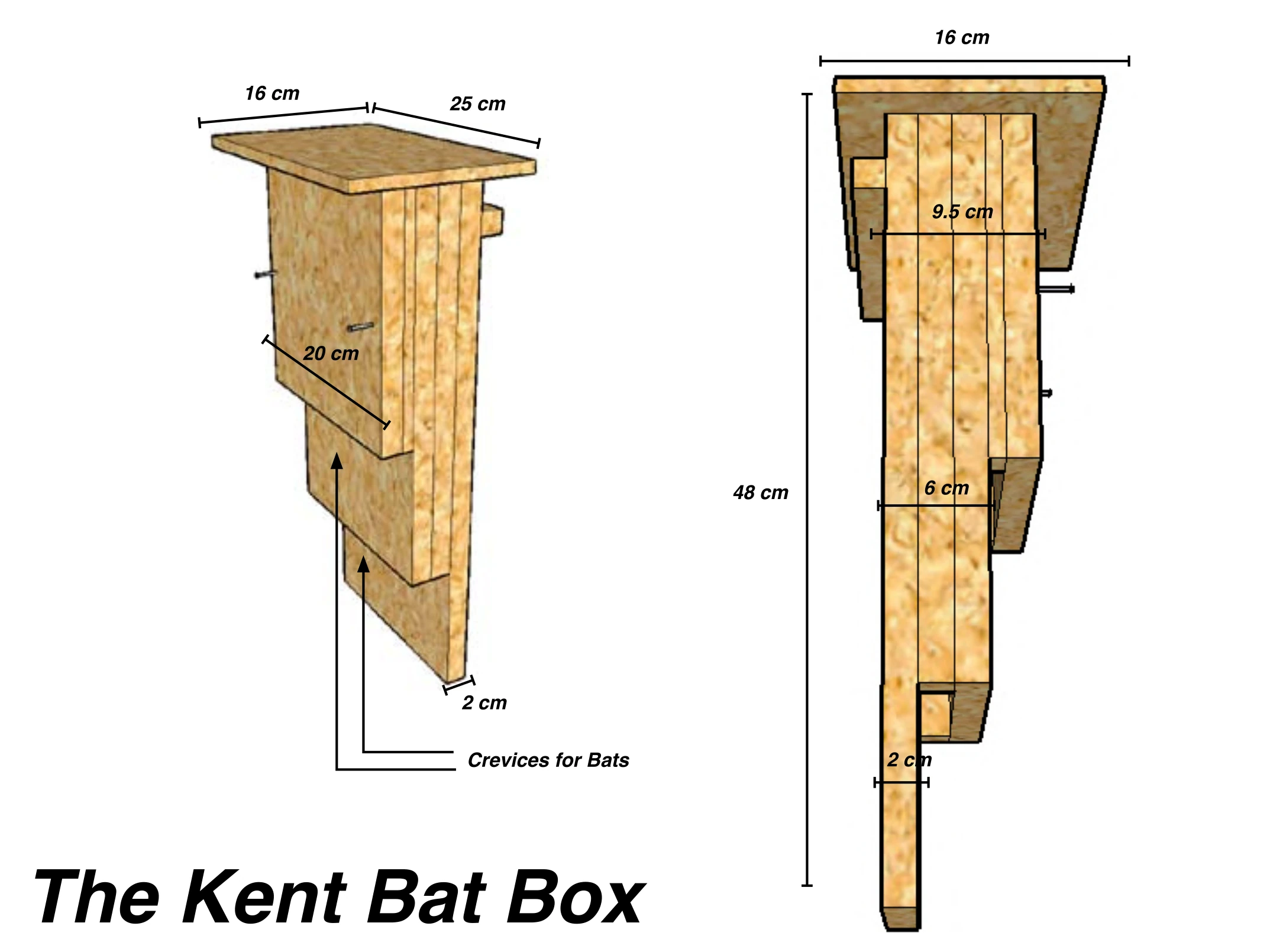 Diagram of Kent-style bat box, showing measurements from 2 angles