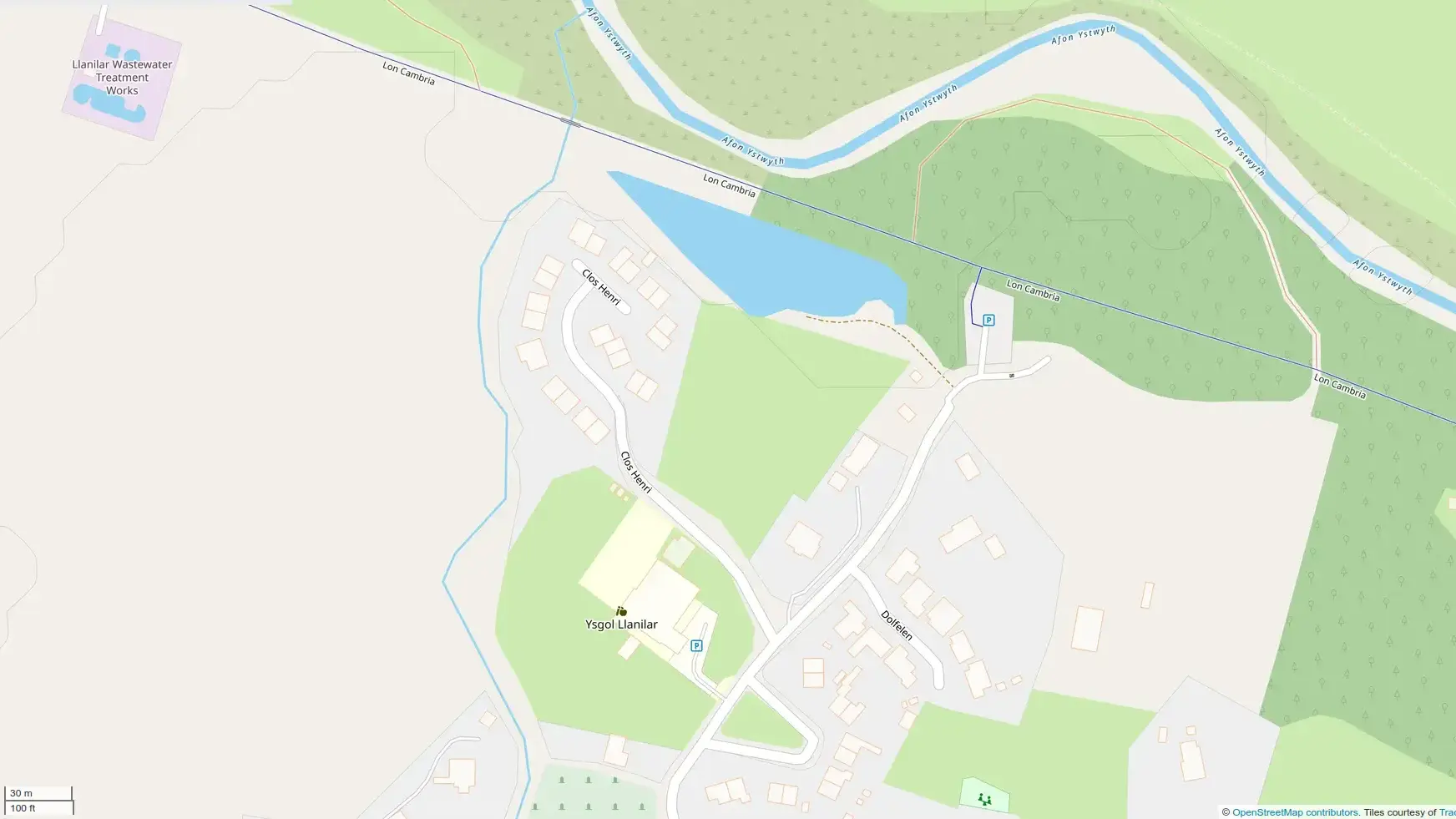 OpenStreetMap view of Ysgol Llanilar, pond and river