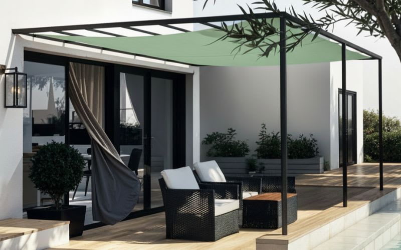 voile d'ombrage couleur menthe nature bois concept