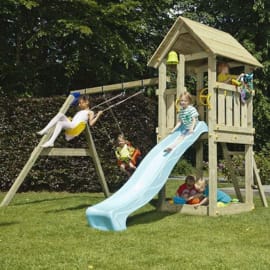 Aire de jeu en bois avec toboggan et balançoire - Kiosk + Module Swing