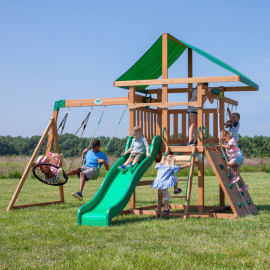 Aire de jeux en bois avec balançoire, toboggan et mur d'escalade - Grayson