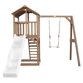 Aire de jeux en bois avec bac &agrave; sable, balan&ccedil;oire et toboggan - Beach Tower