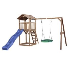 Aire de jeux en bois avec bac &agrave; sable, toboggan et balan&ccedil;oire nid d'oiseau - Beach Tower