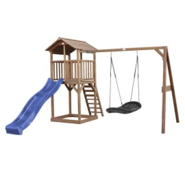 Aire de jeux en bois avec bac &agrave; sable, toboggan et balan&ccedil;oire nid d'oiseau - Beach Tower