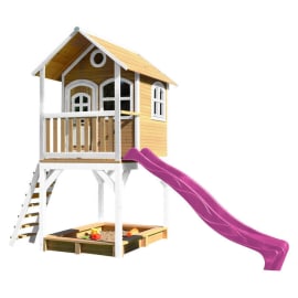 Cabane en bois avec bac &agrave; sable et toboggan pour enfant - Sarah