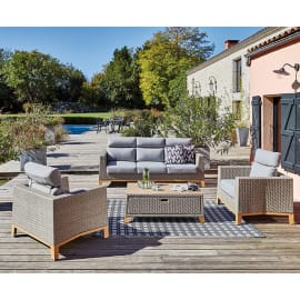 Salon bas de jardin résine tressée (canapé + fauteuils + table basse) - Ivano - 5 places - oak/naturel/gris