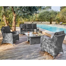 Salon bas de jardin résine tressée (canapé + fauteuils) - Lilia - 5 places - grey