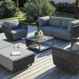 Table basse de jardin résine tressée plateau verre finition céramique - Hug - L.81 x l.71 cm - Vue d'ensemble