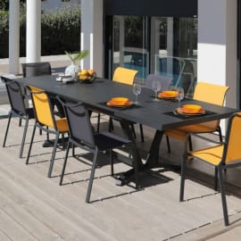 Fauteuil de jardin empilable aluminium et toile - Cauro - Vue d'ensemble moutarde et gris