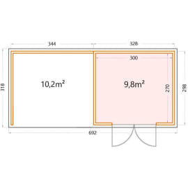 Abri de JardinELEGANTO 3330lounge L fermé G - Façade L.328 x l.298 cm - lounge L 344 x l 318 cm- 9,8 m² et 10,2 m²