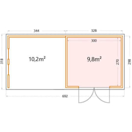 Abri de JardinELEGANTO 3330lounge L ferm&eacute; Gfen&ecirc;tres - Fa&ccedil;ade L.328 x l.298 cm - lounge L 344 x l 318 cm - 9,8 et 10,2 m&sup2;