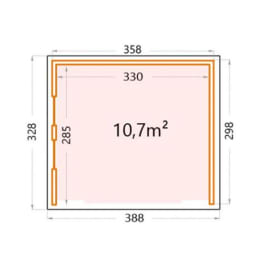 Auvent SINGOLO 3630 + 2 châssis fixes vitrées G sur toute la hauteur - Façade L.358 x l.298 cm - 10,7 m² plan