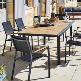 Fauteuil de jardin empilable aluminium finition imitation bois et toile - Games - Couleur graphite/noir - Vue d'ensemble