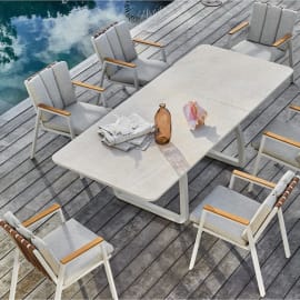 Fauteuil de jardin empilable aluminium finition Teck et coussins - Leather - Couleur cr&egrave;me - Vue d'ensemble