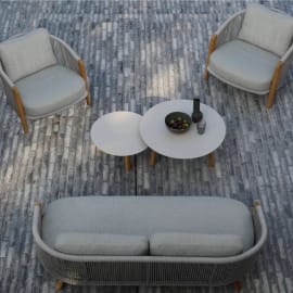 Fauteuil bas de jardin aluminium finition Teck et tissu - Even - Piétement Teck et coussins mocha - Vue d'ensemble