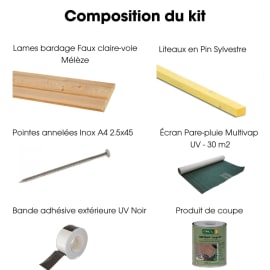Kit bardage complet - Faux claire-voie - MÉLÈZE  - Ep.27 mm x l.125 mm - L.4 m - À partir de 15 m² - Composition du kit