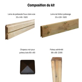 Kit Cl&ocirc;ture Palissade Bois Faux Claire Voie &agrave; sceller - Lames + Poteaux + Chapeaux - H.1,80 m - d&eacute;tail kit palissade