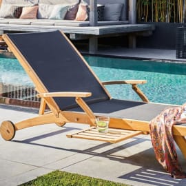 Bain de soleil Teck et toile avec roues - Newton avec tablette depliante