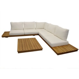 Salon bas de jardin Teck et coussins (2 m&eacute;ridiennes + 1 angle + 1 table basse) - Newcastle - 5 places
