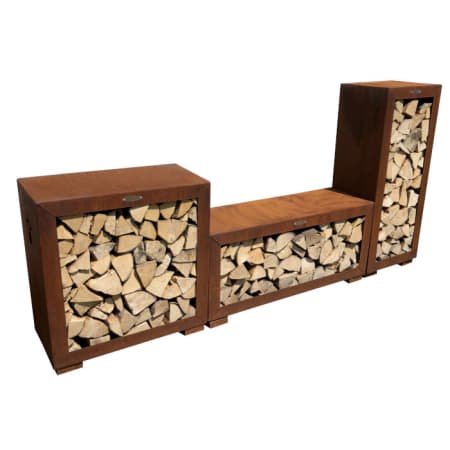 Accessoire rangement barbecue - Range-bûches horizontal acier rouille - Remundi - 3 dimensions Accessoire rangement barbecue - Range-bûches horizontal acier rouille - Remundi - 3 dimensions