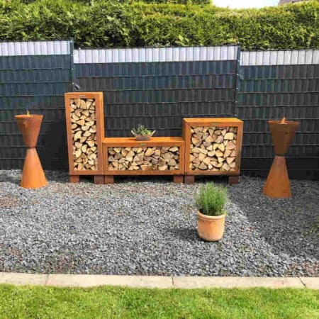 Accessoire rangement barbecue - Range-bûches horizontal acier rouille - Remundi - 3 dimensions jardin Accessoire rangement barbecue - Range-bûches horizontal acier rouille - Remundi - 3 dimensions jardin