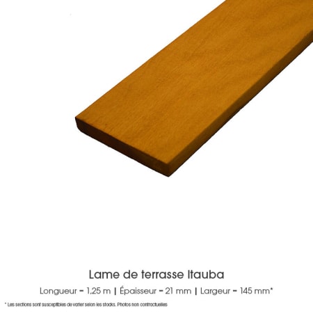 Kit terrasse - ITAUBA - 5 à 60 m² (comprenant lames L.1,25m / Ep.21mm / l.145mm, lambourdes et visserie) Kit terrasse - ITAUBA - 5 à 60 m² (comprenant lames L.1,25m / Ep.21mm / l.145mm, lambourdes et visserie)