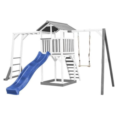 Aire de jeux en bois avec bac &agrave; sable, toboggan, cadre d'escalade et balan&ccedil;oire - l.446 cm - Beach Tower