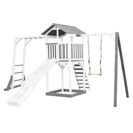 Aire de jeux en bois avec bac à sable, toboggan et cadre d'escalade - L.446 cm - Beach Tower Aire de jeux en bois avec bac à sable, toboggan et cadre d'escalade - L.446 cm - Beach Tower