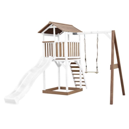 Aire de jeux en bois avec bac &agrave; sable, balan&ccedil;oire et toboggan - Beach Tower