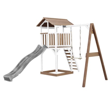 Aire de jeux en bois avec bac &agrave; sable, balan&ccedil;oire et toboggan - Beach Tower