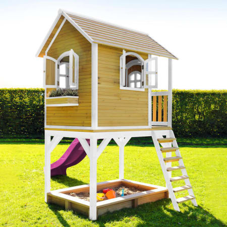 Cabane en bois avec bac à sable et toboggan pour enfant - Sarah Cabane en bois avec bac à sable et toboggan pour enfant - Sarah