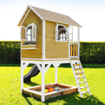 Cabane en bois avec bac à sable et toboggan pour enfant - Sarah Cabane en bois avec bac à sable et toboggan pour enfant - Sarah