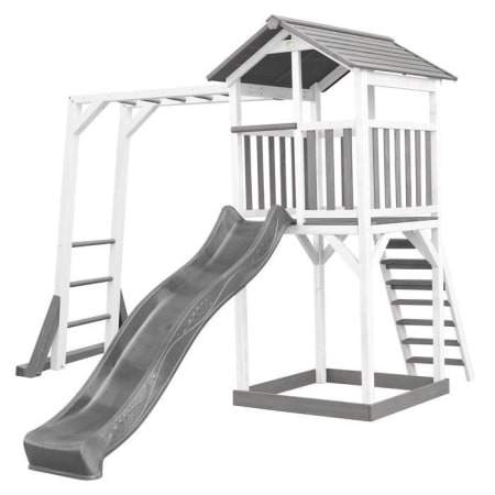 Aire de jeux en bois avec bac &agrave; sable, toboggan et cadre d'escalade - Beach Tower