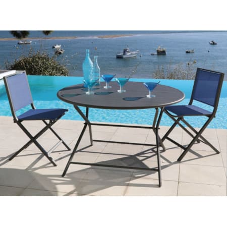 Table de jardin ronde pliante aluminium - Globe - &Oslash; 120 cm - 4 personnes - graphite + Th&eacute;ma
