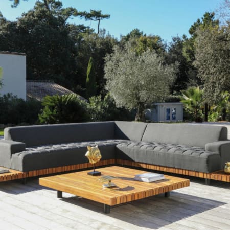 Méridienne tissu Sunbrella® plateau Teck FSC® - Icon - 2 places - Vue de biais Méridienne tissu Sunbrella® plateau Teck FSC® - Icon - 2 places - Vue de biais