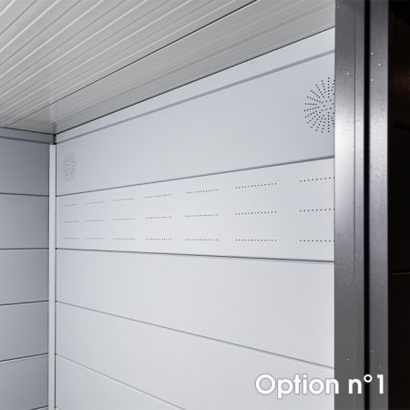 Abri de Jardin ELEGANTO 2424 lounge L ouvert G - Façade L.238 x l.238 cm - lounge L 284 x l 258 cm - 5,7 m² et 6,8 m² option 1 Abri de Jardin ELEGANTO 2424 lounge L ouvert G - Façade L.238 x l.238 cm - lounge L 284 x l 258 cm - 5,7 m² et 6,8 m² option 1