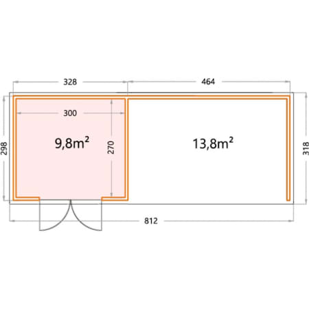 Abri de Jardin ELEGANTO 3330 lounge ext L fermé D - Façade L.328 x l.298 cm - lounge L.464 x l.318 cm - 9,8 m² et 13,8 m² plan Abri de Jardin ELEGANTO 3330 lounge ext L fermé D - Façade L.328 x l.298 cm - lounge L.464 x l.318 cm - 9,8 m² et 13,8 m² plan